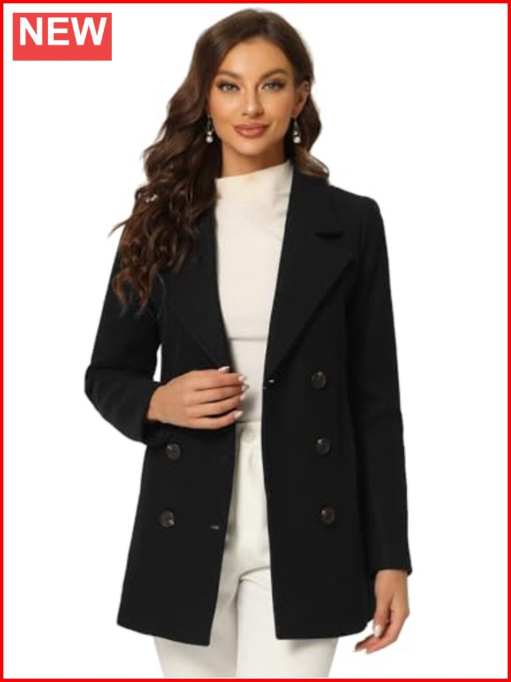 Womens Double Breasted Pea Coat Winter Wool Blend Fully Lined Long Sleeve